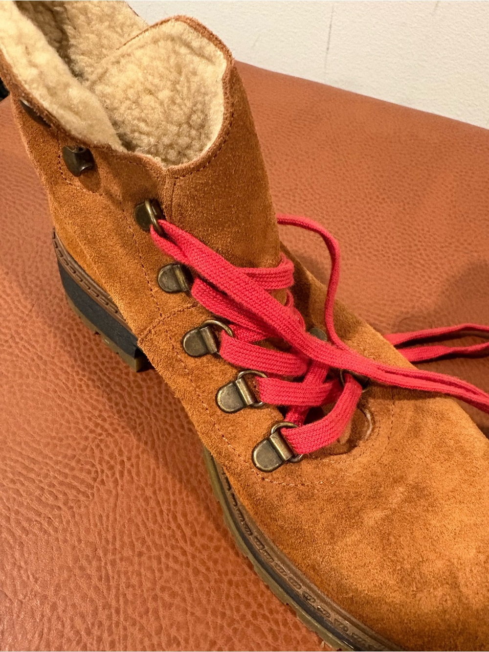 Suede Shearling-Lined Ankle Boots in Chestnut Brown with Red Laces - Picture 5 of 6